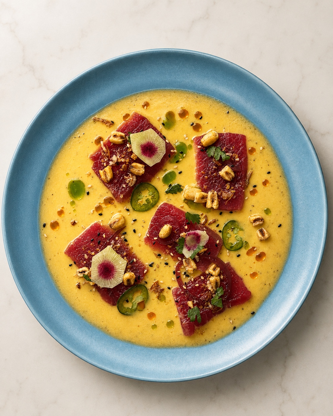 Ahi tuna crudo with bright seasonal garnishes